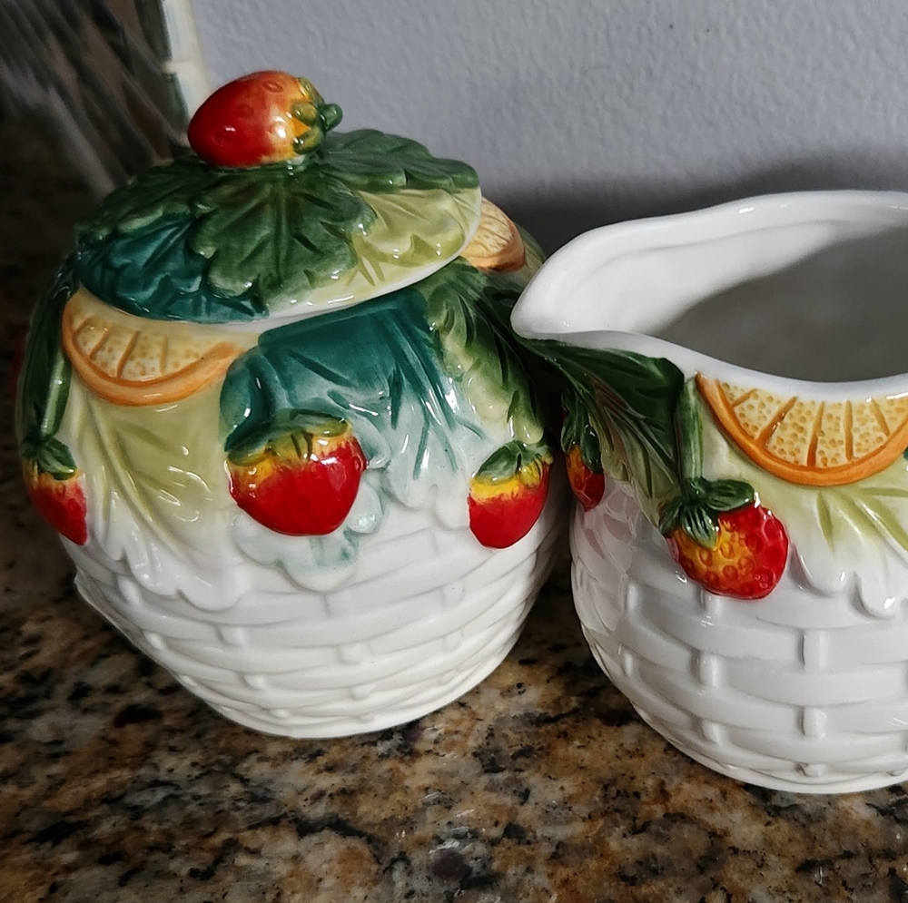 Tropical Fruit Collection 2 Piece Sugar Bowl And Creamer Set By Corner Ruby. New